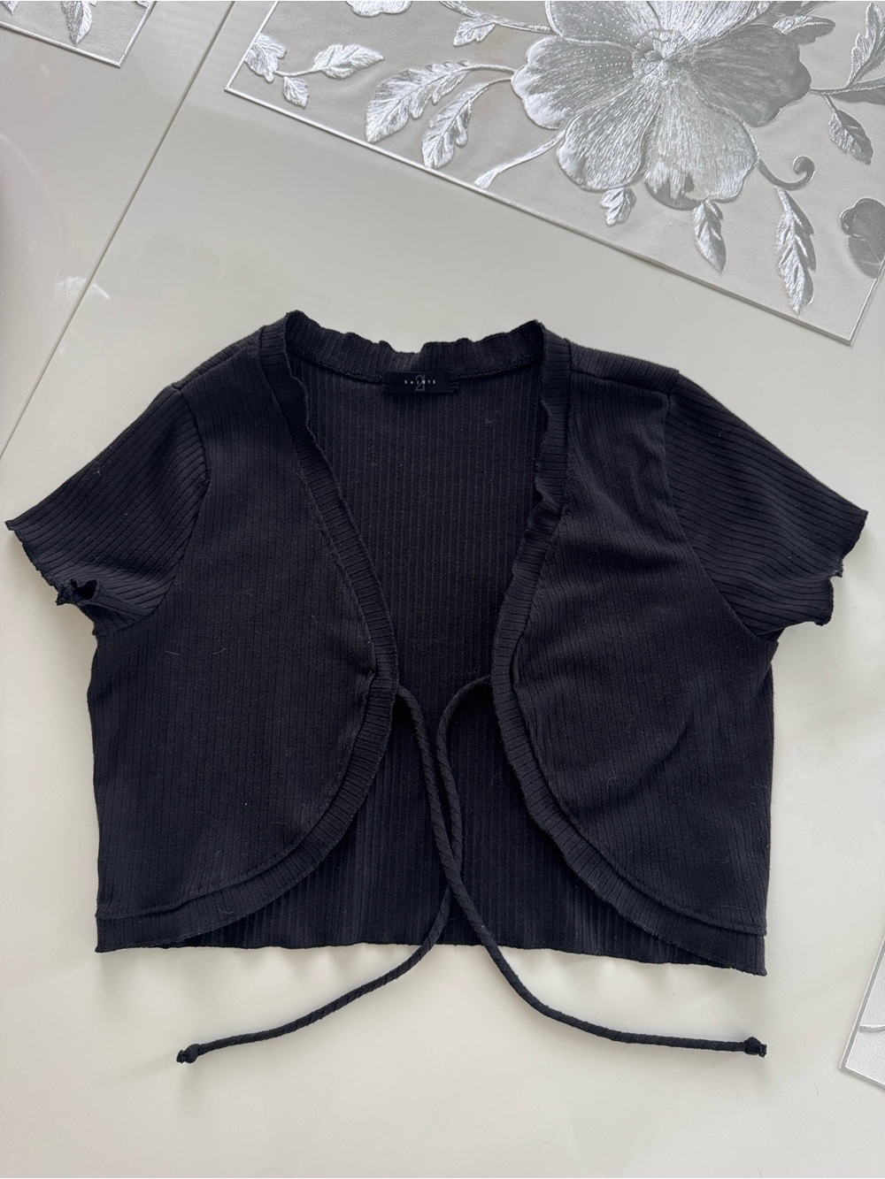 SAINTS 21 Black Ribbed Tie Front Cropped Cardigan Top Size L